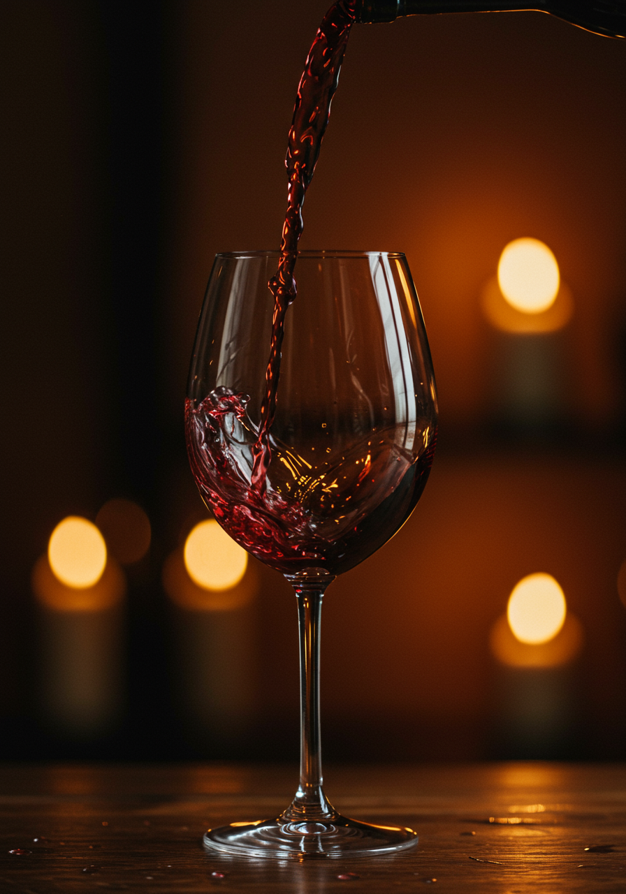 A glass of natural wine being poured at the bar, candlelight bokeh behind